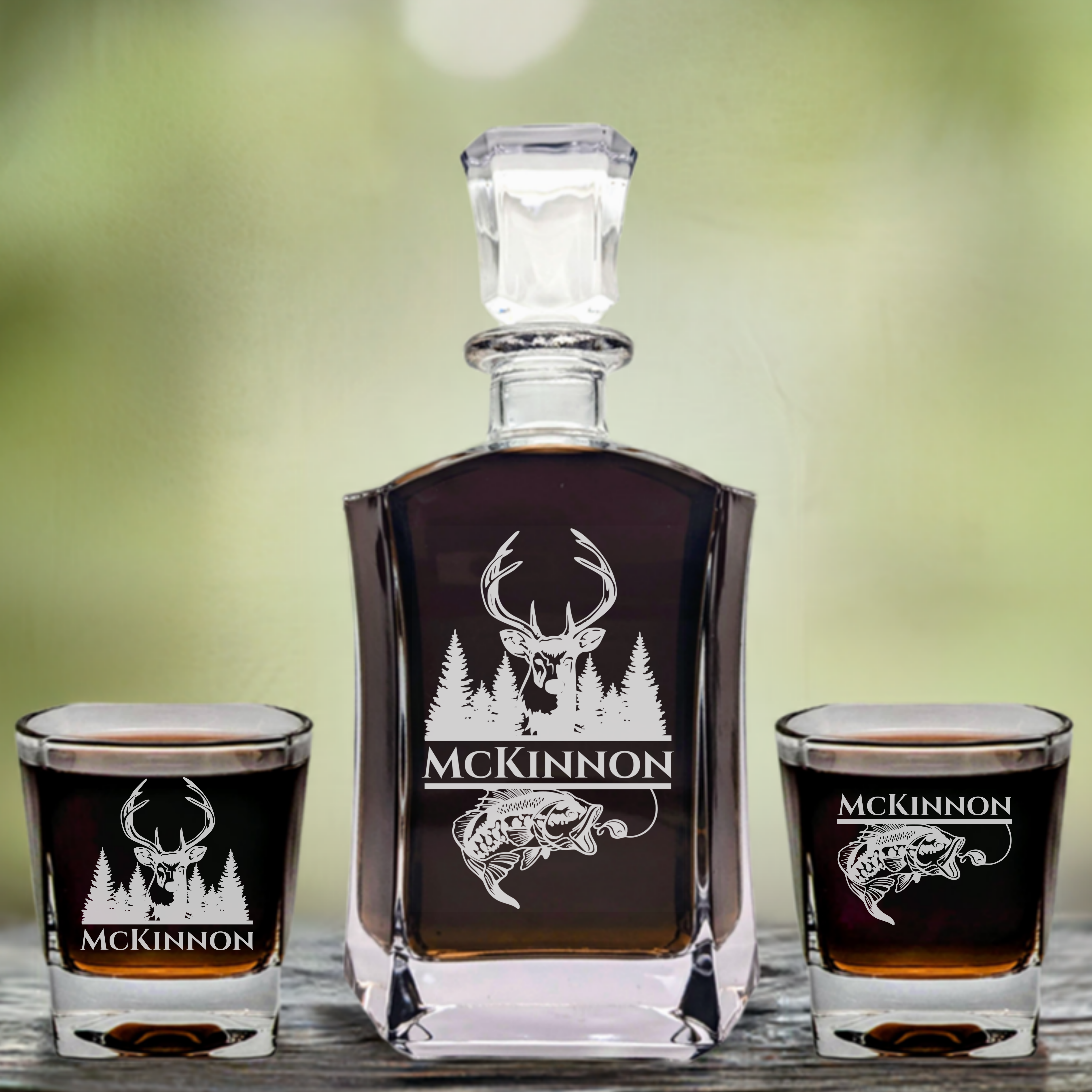 Hunting and Fishing Whiskey Decanter Set - 6 Sided