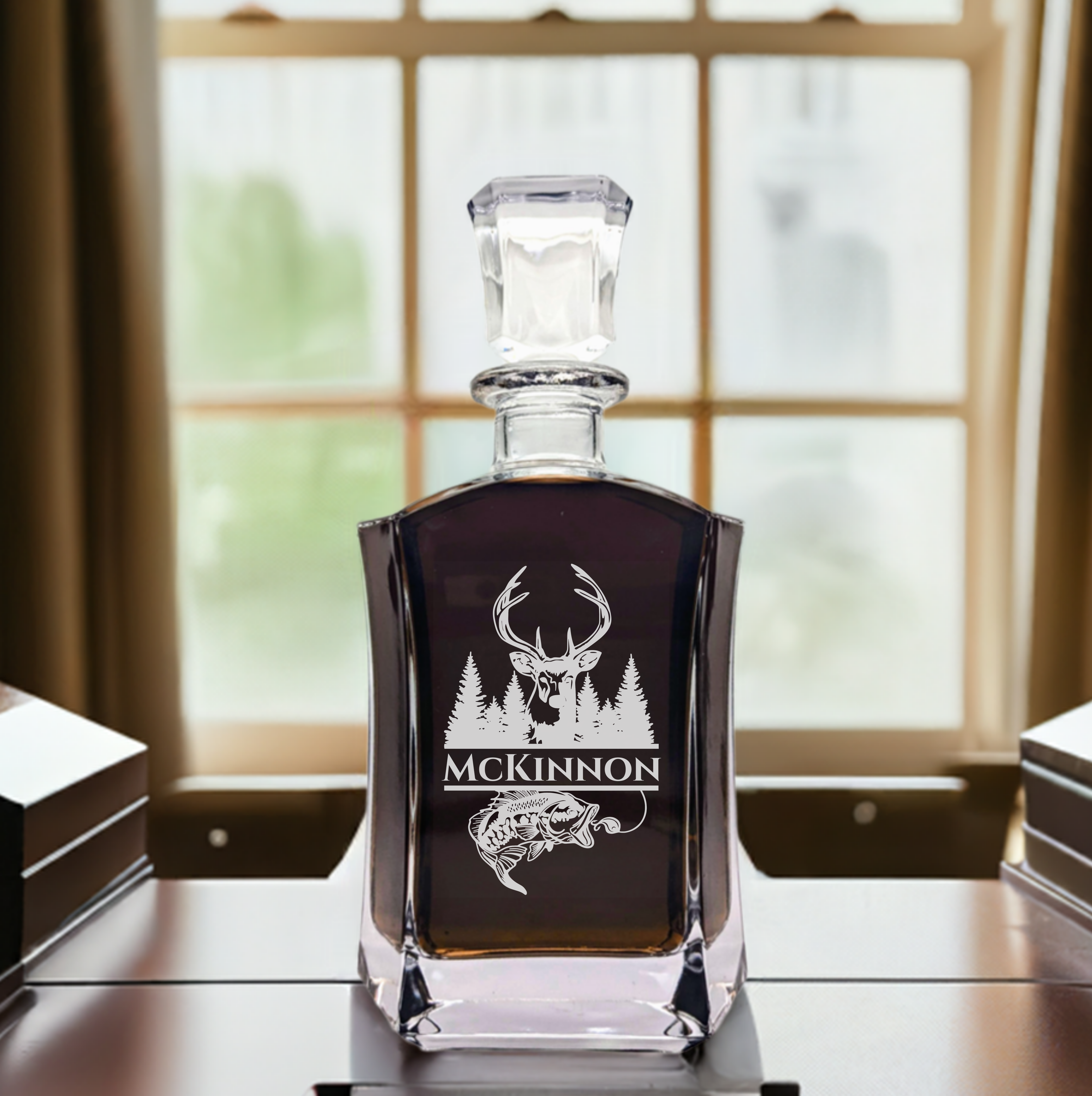 Hunting and Fishing Whiskey Decanter Set - 6 Sided