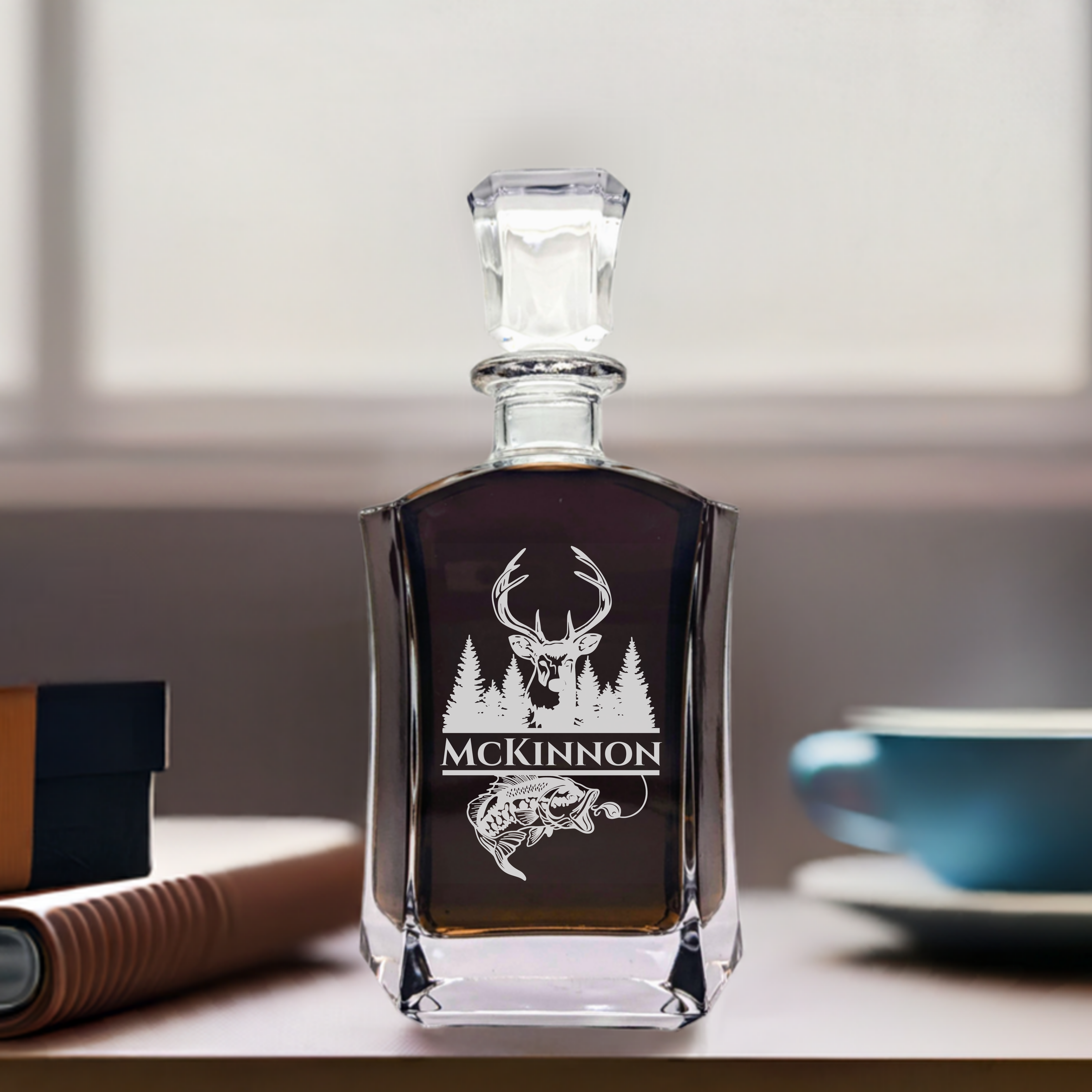 Hunting and Fishing Whiskey Decanter Set - 6 Sided