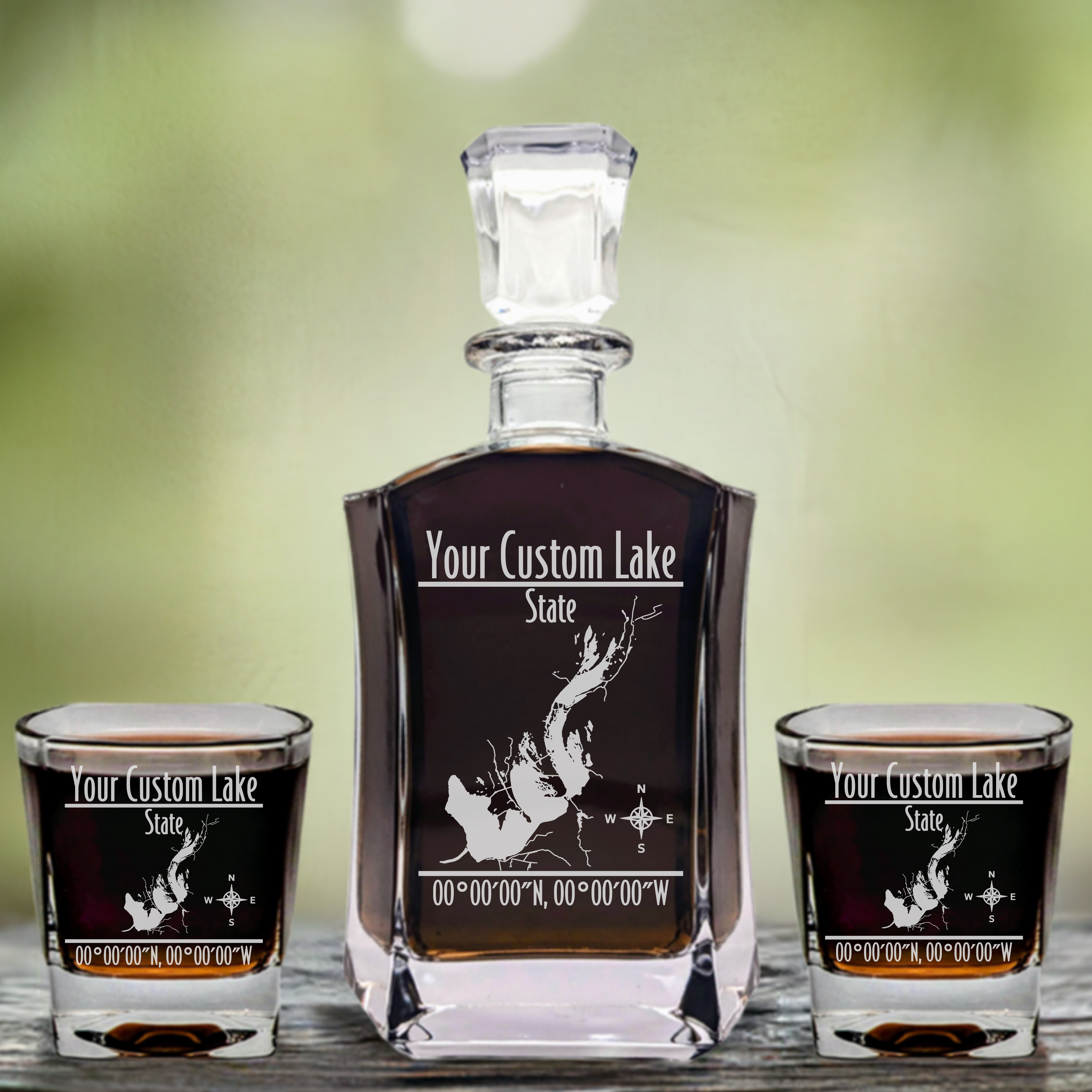 Modern Personalized Lake Whiskey Decanter Set - 6 Sided