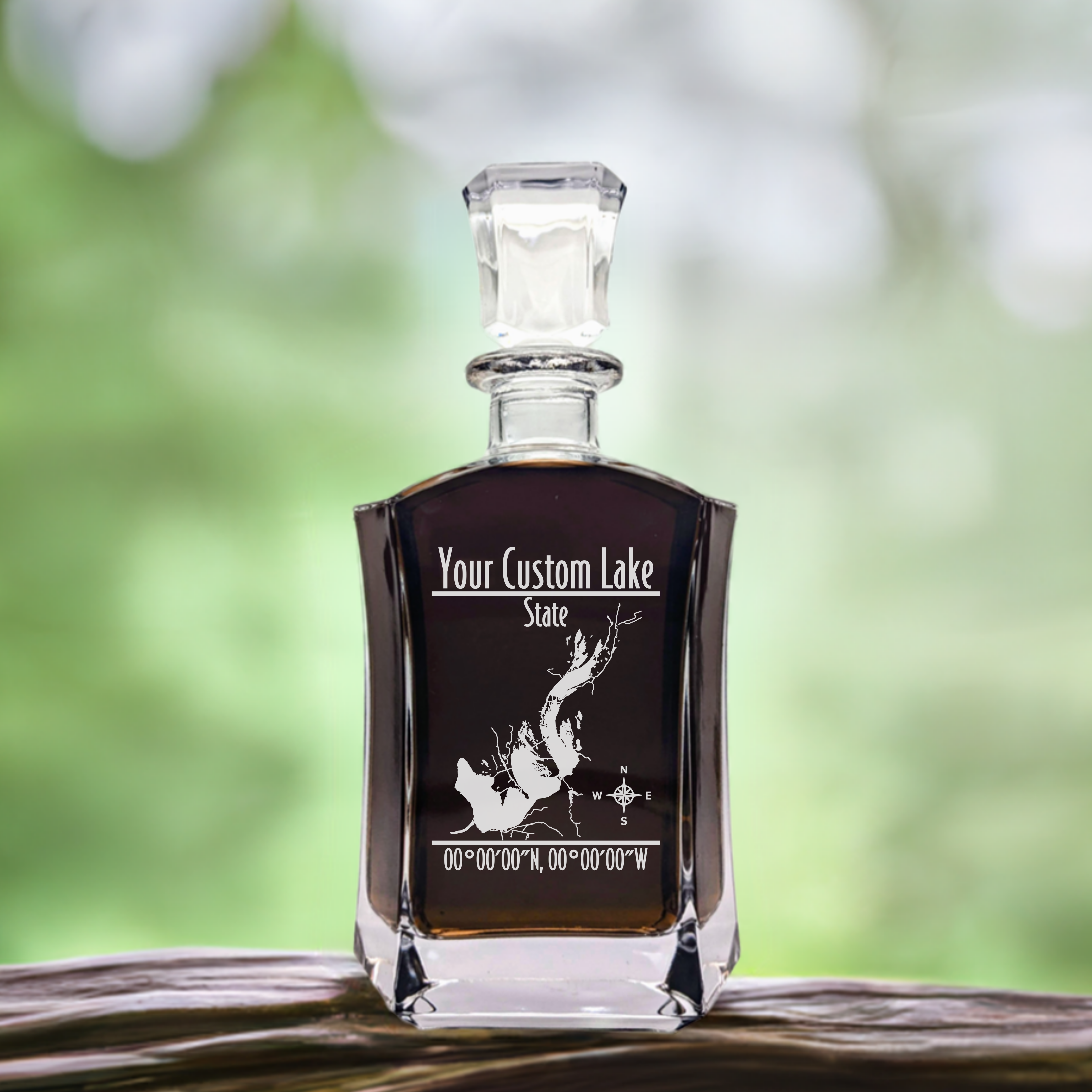 Modern Personalized Lake Whiskey Decanter Set - 6 Sided