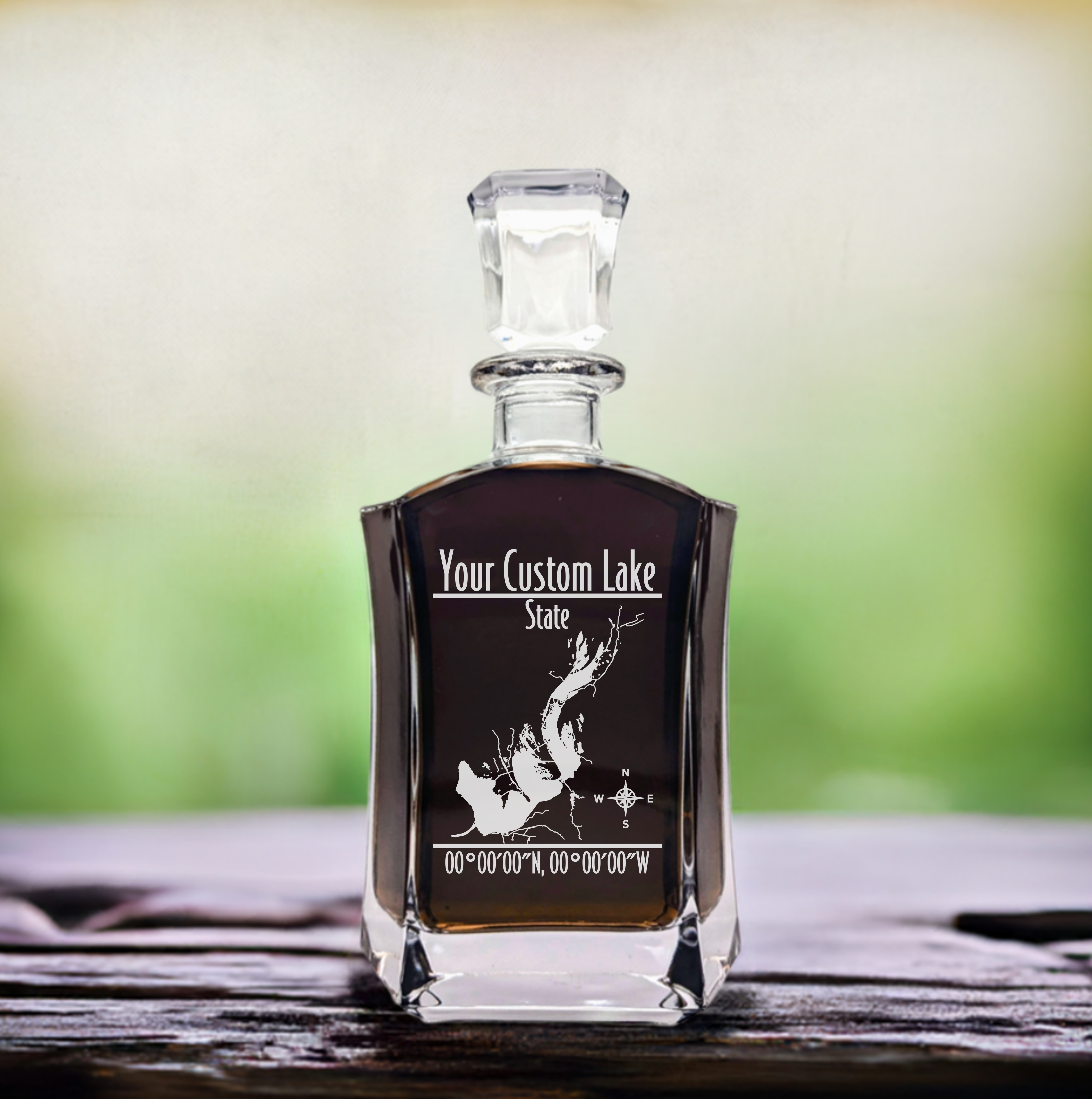 Modern Personalized Lake Whiskey Decanter Set - 6 Sided