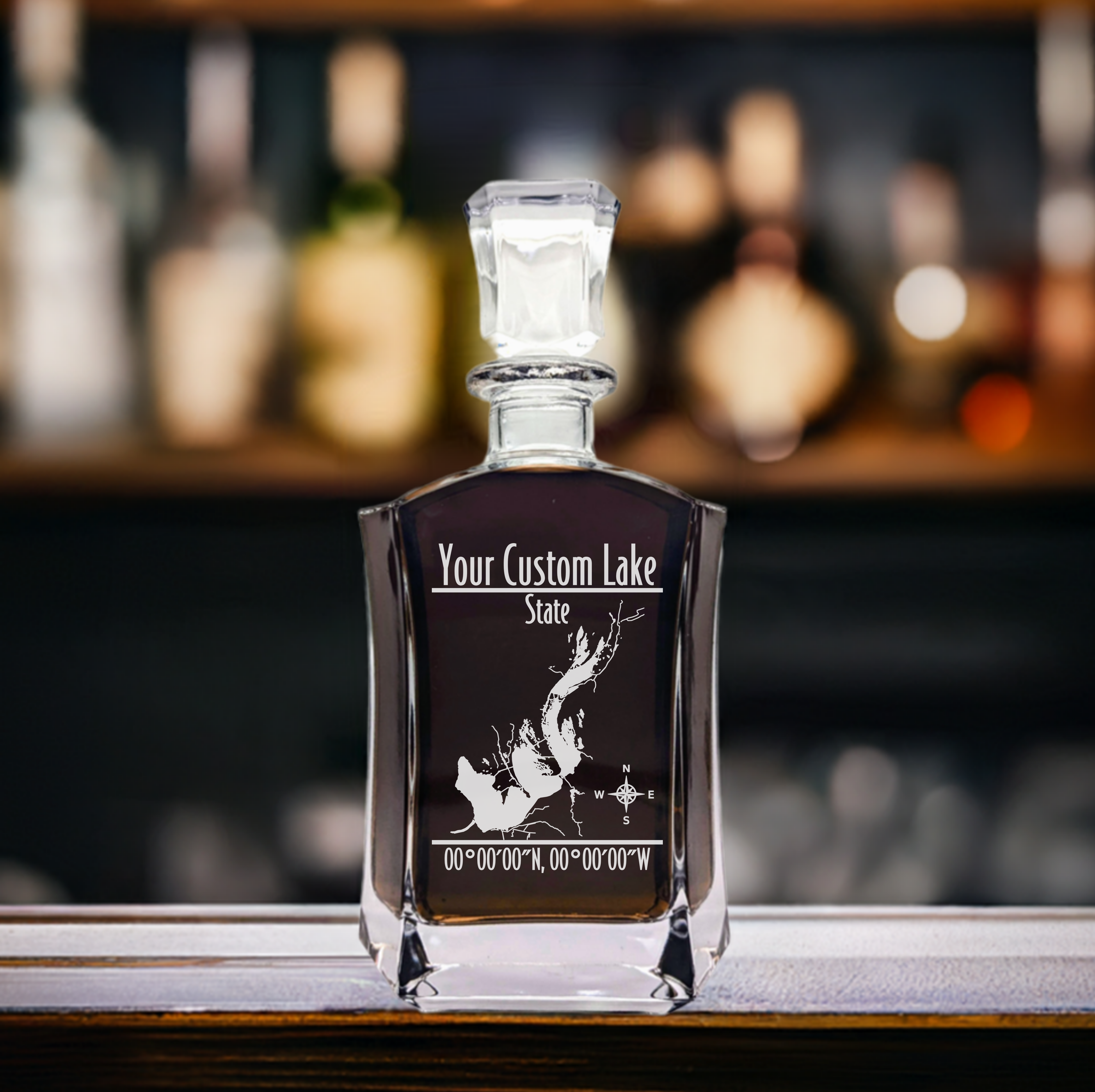 Modern Personalized Lake Whiskey Decanter Set - 6 Sided