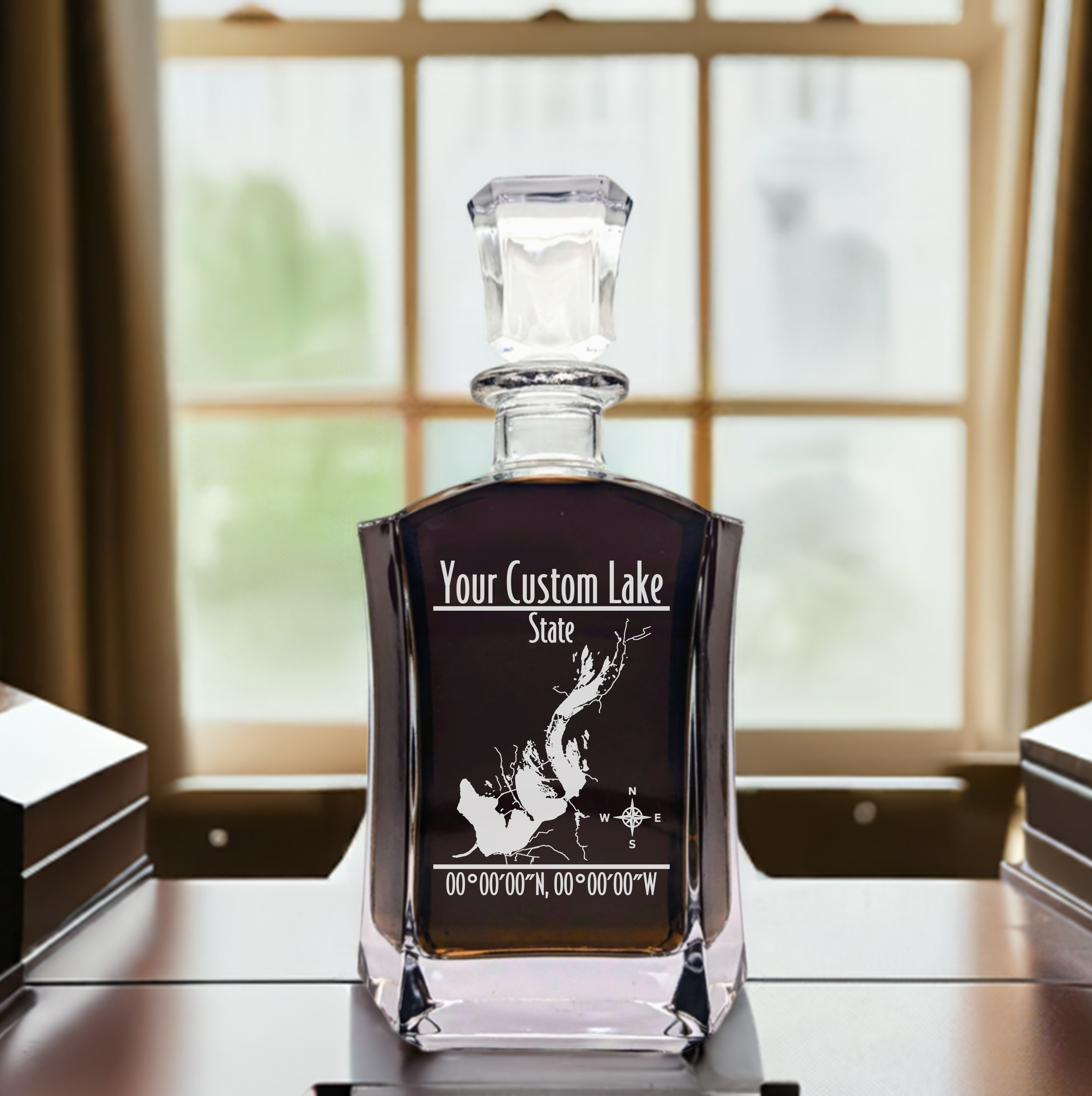 Modern Personalized Lake Whiskey Decanter Set - 6 Sided