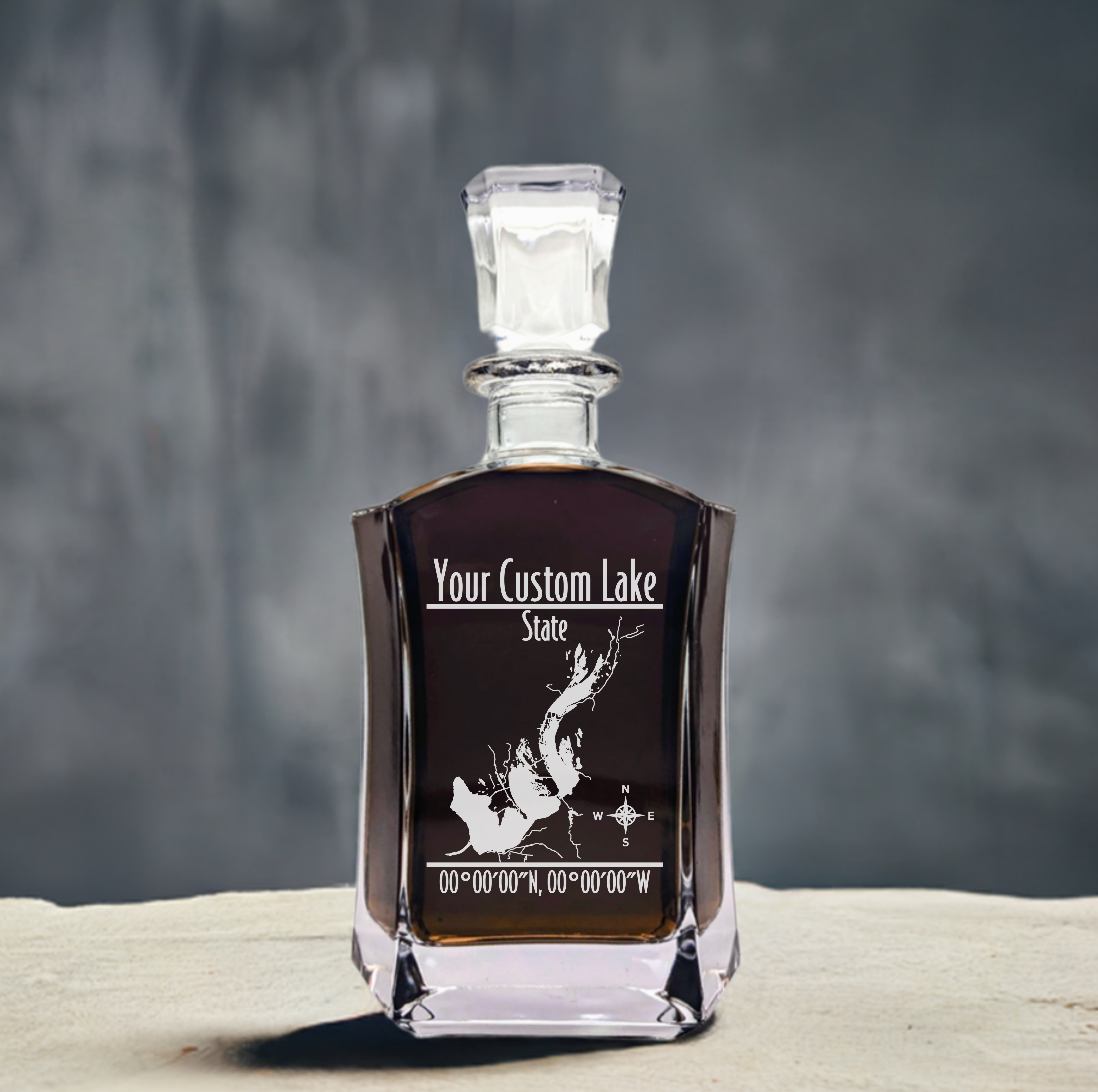 Modern Personalized Lake Whiskey Decanter Set - 6 Sided