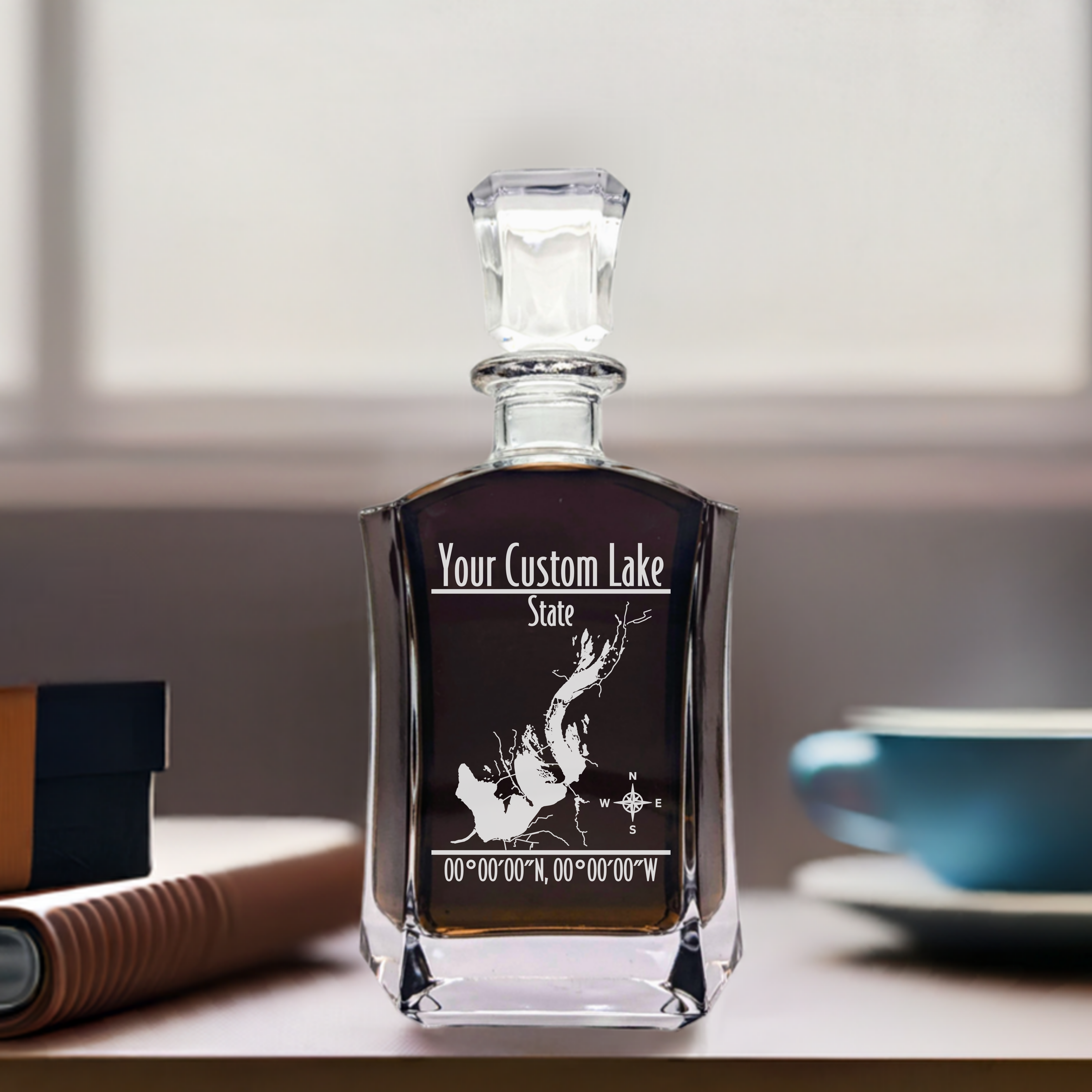 Modern Personalized Lake Whiskey Decanter Set - 6 Sided